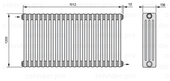 Схема (чертеж) Радиатор Zehnder Charleston 4120/22 №1670 Белый глянцевый RAL 9016